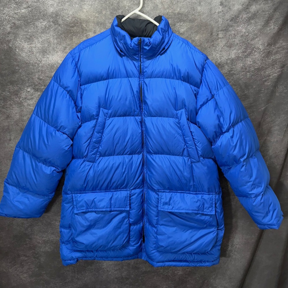 Vintage Lands End Mens Reversible Goose Down Puffer Jacket Mens L Blue Black